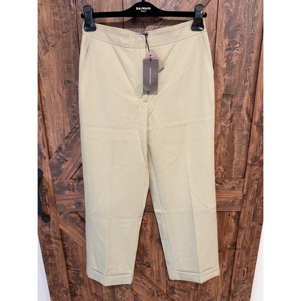 Bottega Veneta 42 US 6 Beige High Waisted Cuffed Trousers Pants Wool Super 110's